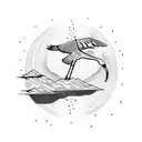 A dotwork crane flying over a mountain range with a sun rising behind it tattoo design idea