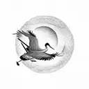 A dotwork crane flying over a mountain range with a sun rising behind it tattoo design idea