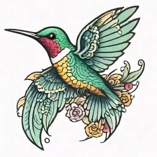 Japanese inspired small colourful hummingbird in flight  tattoo design idea
