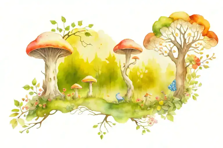 small backdrop of enchanted forest scene including an old tree, flowers, mushrooms, gnomes and foliage  tattoo design idea