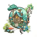 small backdrop of enchanted forest scene including old trees, flowers, mushroom, gnomes fairies and foliage  tattoo design idea