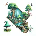 small backdrop of enchanted forest scene including old trees, flowers, mushroom, gnomes fairies and foliage  tattoo design idea