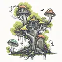 small backdrop of enchanted forest scene including old trees, flowers, mushroom, gnomes fairies and foliage  tattoo design idea