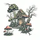 small backdrop of enchanted forest scene including old trees, flowers, mushroom, gnomes fairies and foliage  tattoo design idea