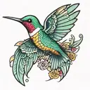 Japanese inspired small colourful hummingbird in flight  tattoo design idea