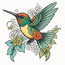 Japanese inspired small colourful hummingbird in flight  tattoo design idea