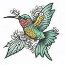 Japanese inspired small colourful hummingbird in flight  tattoo design idea