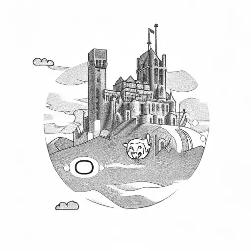 A Dublin cityscape with a tamagotchi floating in the sky tattoo design idea