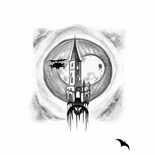 gothic castle with bats flying and a moon behind tattoo design idea