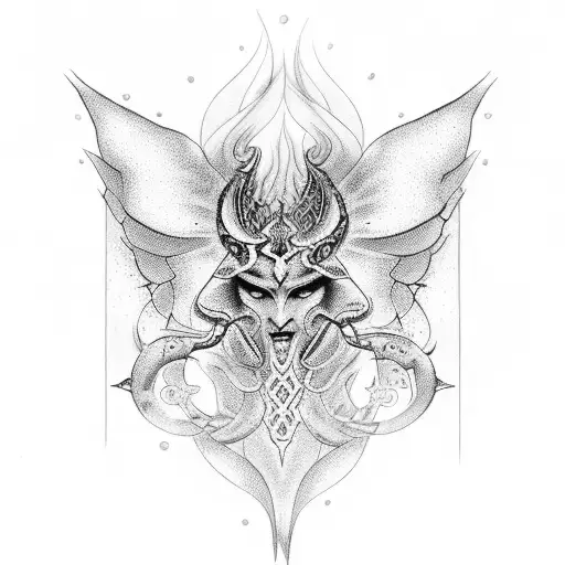 Dotwork tattoo inspired by gravure, incorporating symbols associated with Lucifer tattoo design idea