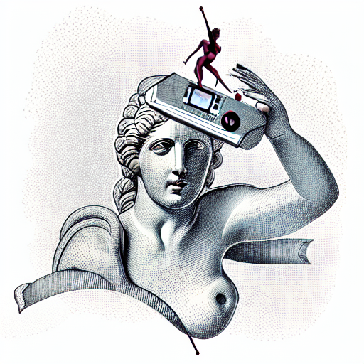 greek statue, woman, waist up, arrows sticking out of her, a radio for a head tattoo design idea