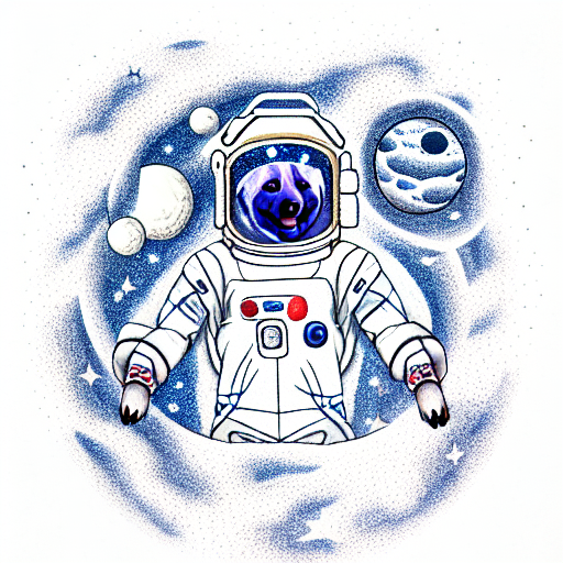 jindo dog wearing a space suit surrounded by blueberries and planets and stars tattoo design idea
