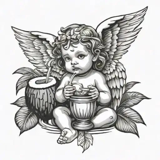Combine a beautiful medieval baby angel drinking coconut with a strawl and with palm leaves in the background tattoo design idea