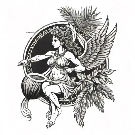 A greek goddess flying while drinking coconut and chill, with palm leaves in the background tattoo design idea