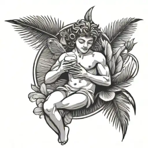 Cupid relaxing, drinking coconut, with palm leaves in the background tattoo design idea