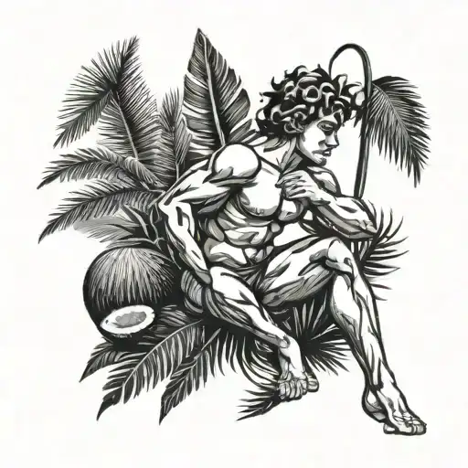 Cupid relaxing, drinking coconut, with palm leaves in the background tattoo design idea