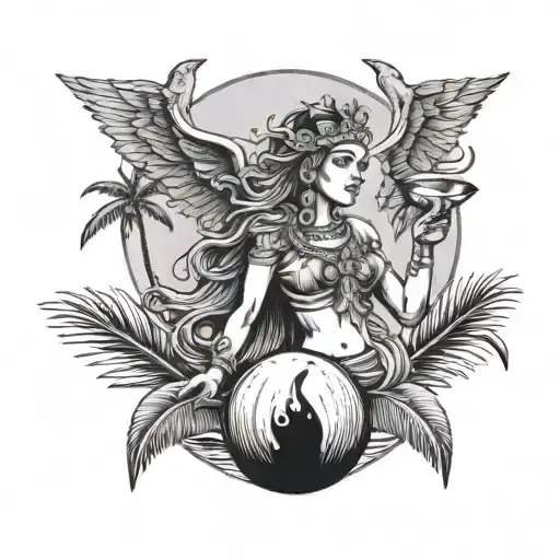 A medieval goddess flying while drinking coconut with a strawl and with palm leaves in the background tattoo design idea