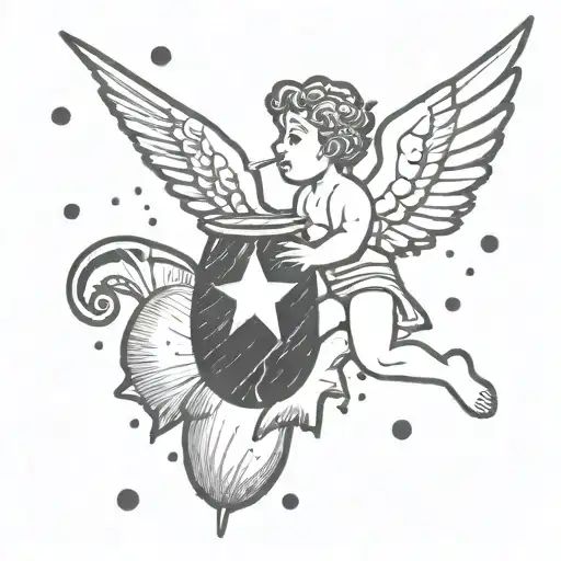 Cupid flying while drinking coconut cocktail tattoo design idea