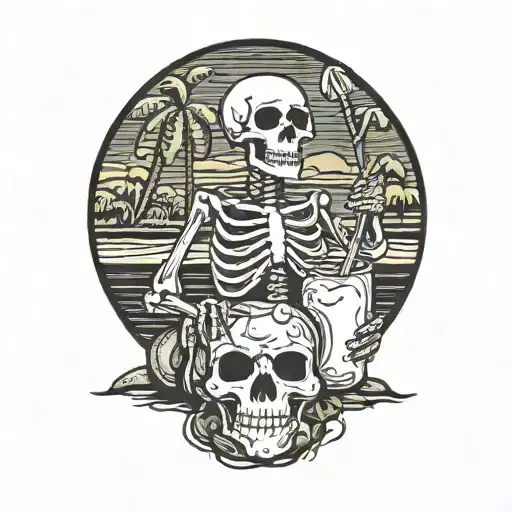 Happy Skeleton drinking coconut water tattoo design idea