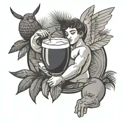 Cupid flying while drinking coconut cocktail tattoo design idea