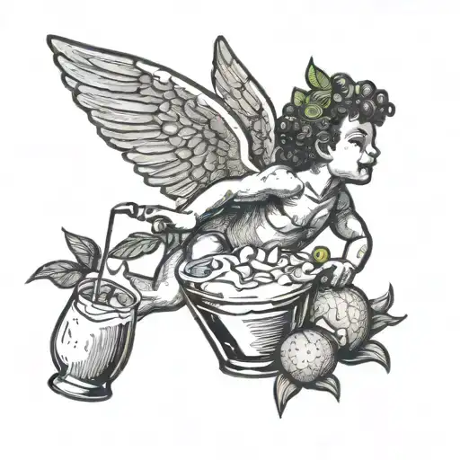 Cupid flying while drinking coconut cocktail tattoo design idea