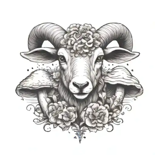 lamb head with mushrooms tattoo design idea