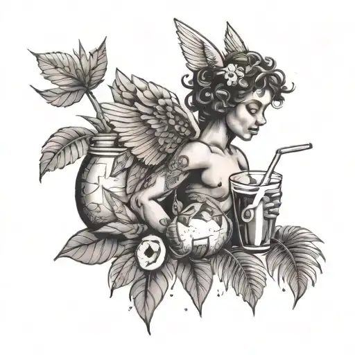A tattoo of Cupid, surrounded by coconut drinks and cannabis leaves as offerings tattoo design idea