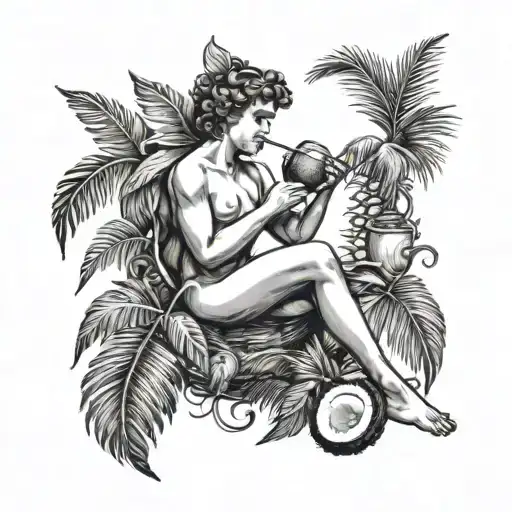 Cupid relaxing, drinking coconut, with palm leaves in the background tattoo design idea
