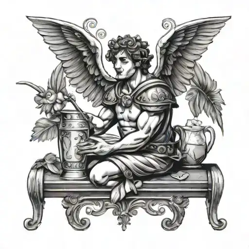 Cupid enjoying tropical cocktails in a medieval tavern setting tattoo design idea