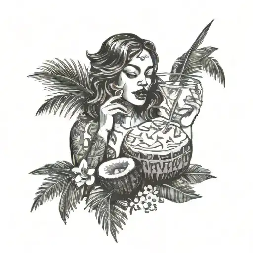 Eve drinking coconut cocktail with palm leaves tattoo design idea