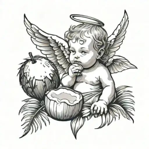 Combine a beautiful medieval baby angel drinking coconut with palm leaf in the background tattoo design idea