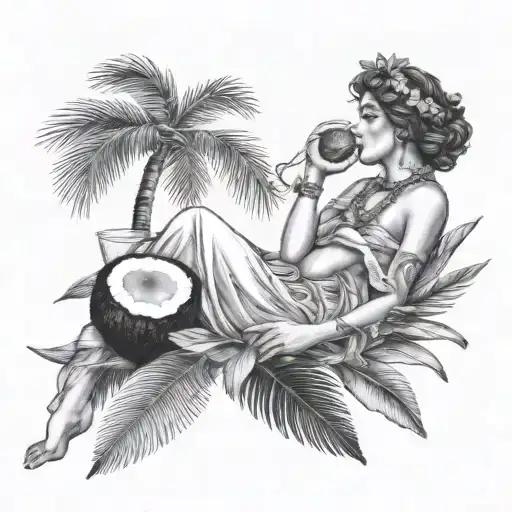 A greek goddess relaxing, drinking coconut, with palm leaves in the background tattoo design idea