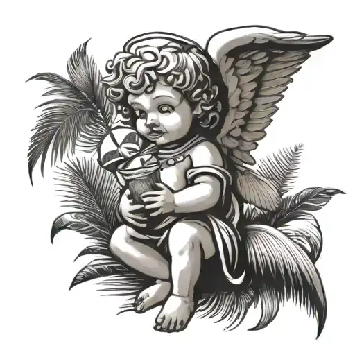 Combine a beautiful medieval baby angel drinking coconut cocktail with palm leaf in the background tattoo design idea