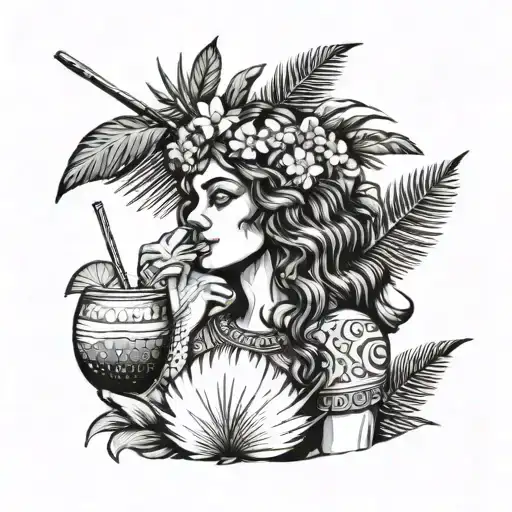 Greek goddess drinking coconut cocktail with palm leaves tattoo design idea