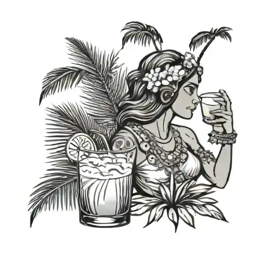 Greek goddess drinking coconut cocktail with palm leaves tattoo design idea