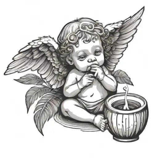 A beautiful medieval baby angel flying while drinking coconut with a strawl and with palm leaves in the background tattoo design idea