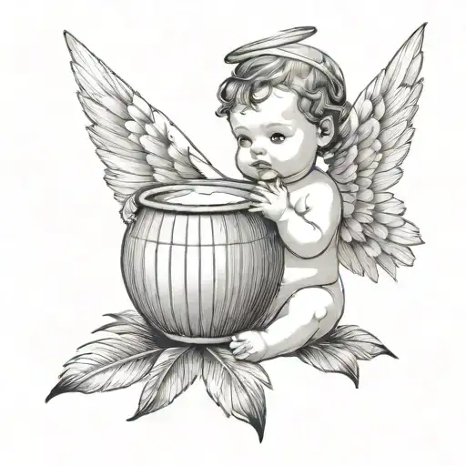 Combine a beautiful medieval baby angel drinking coconut with palm leaf in the background tattoo design idea