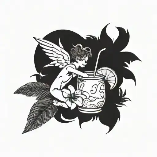 cupid drinking coconut cocktail tattoo design idea