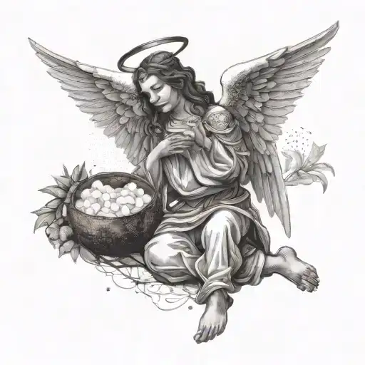 Medieval angel with wings relaxes and drinking coconut water tattoo design idea