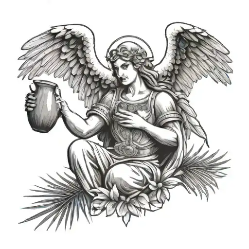 A medieval angel flying while drinking coconut with a strawl and with palm leaves in the background tattoo design idea