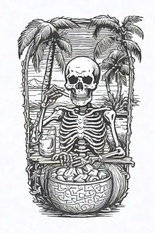 Skeleton chills and drinking coconut water tattoo design idea