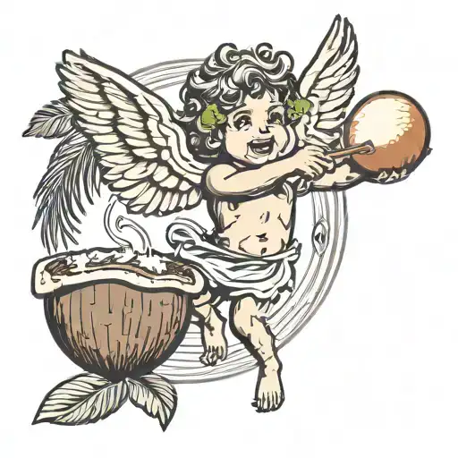 Cupid flying while drinking coconut cocktail tattoo design idea