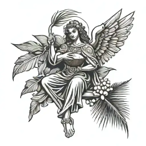 A medieval angel flying while drinking coconut with a strawl and with palm leaves in the background tattoo design idea