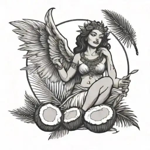 A medieval goddess flying while drinking coconut with a strawl and with palm leaves in the background tattoo design idea