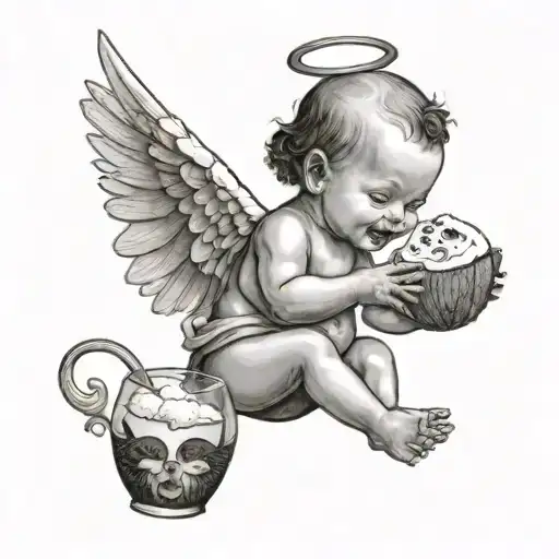Combine a meme with a medieval baby angel drinking coconut cocktail tattoo design idea