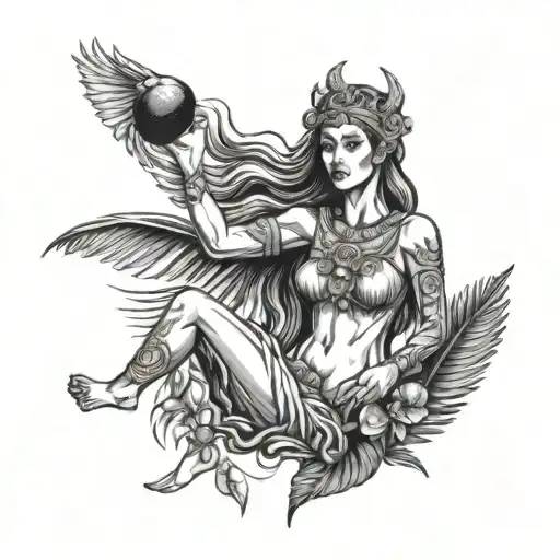 A medieval goddess flying while drinking coconut with a strawl and with palm leaves in the background tattoo design idea