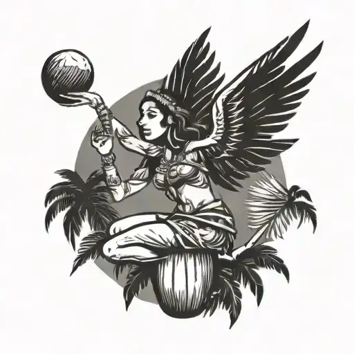 A medieval goddess flying while drinking coconut and chill, with palm leaves in the background tattoo design idea