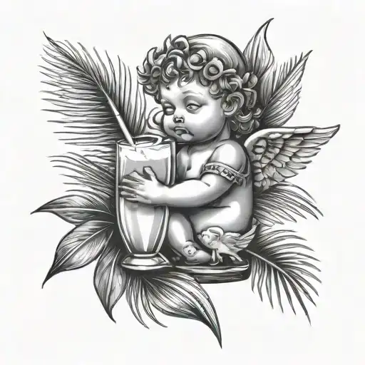 Combine a medieval baby angel drinking coconut cocktail with palm leaf in the background tattoo design idea