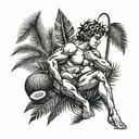 Cupid relaxing, drinking coconut, with palm leaves in the background tattoo design idea