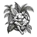 Cupid relaxing, drinking coconut, with palm leaves in the background tattoo design idea
